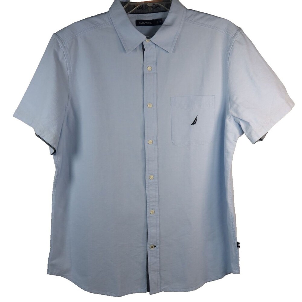 Nautica Chambray Shirt Men's XL Blue Solid Short Sleeve Button Up Casual Cotton